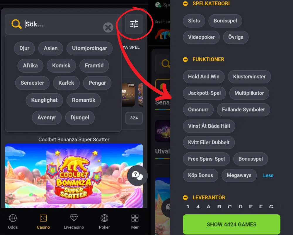 Hur du använder sökfiltret hos CoolBet