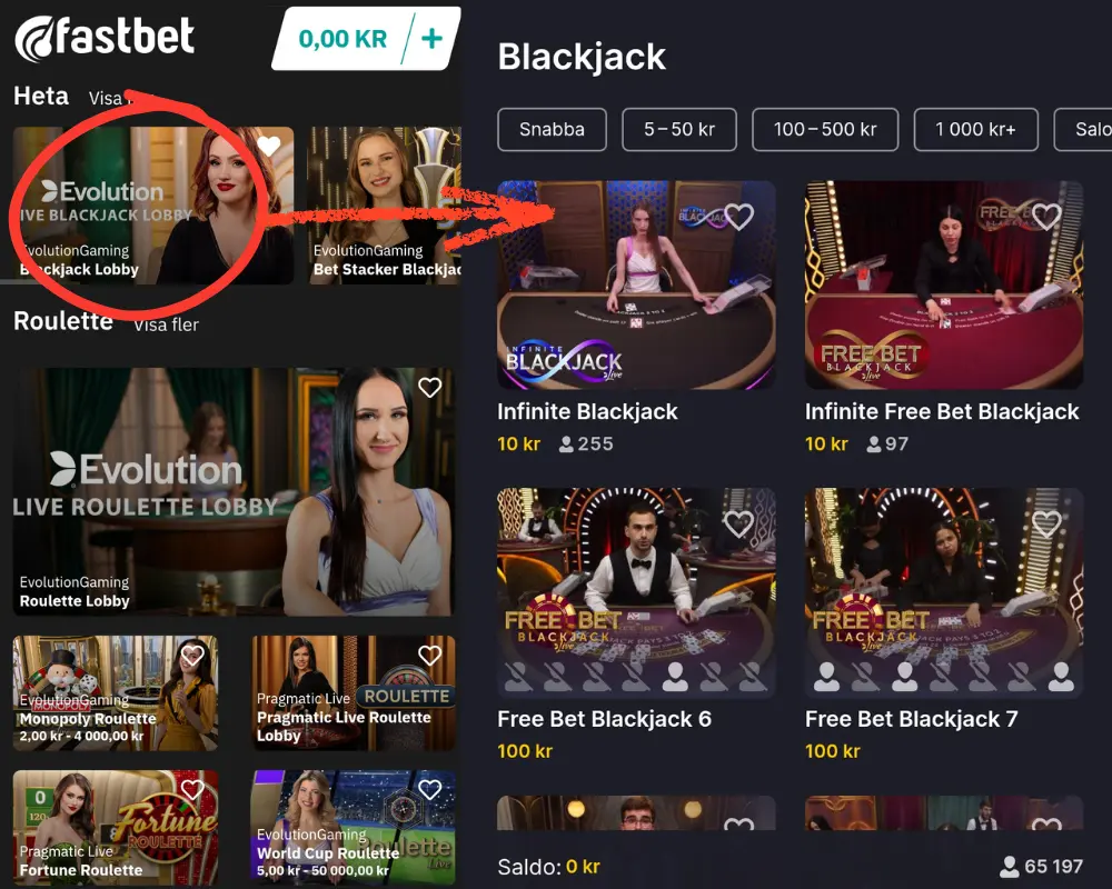 Här går vi direkt till Evolutions blackjacklobby.