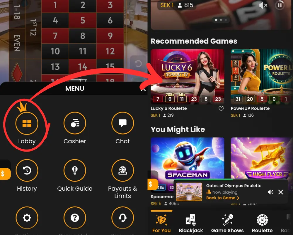 Hur du går från ett livespel till leverantörens lobby.
