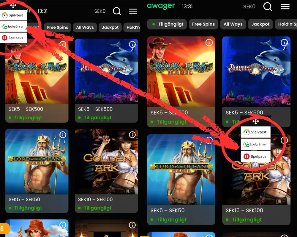 Den rörliga overlayen med obligatoriska länkar hos Fun Casino.