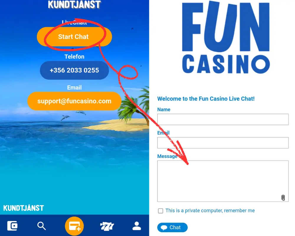 Livechatten hos Fun Casino.