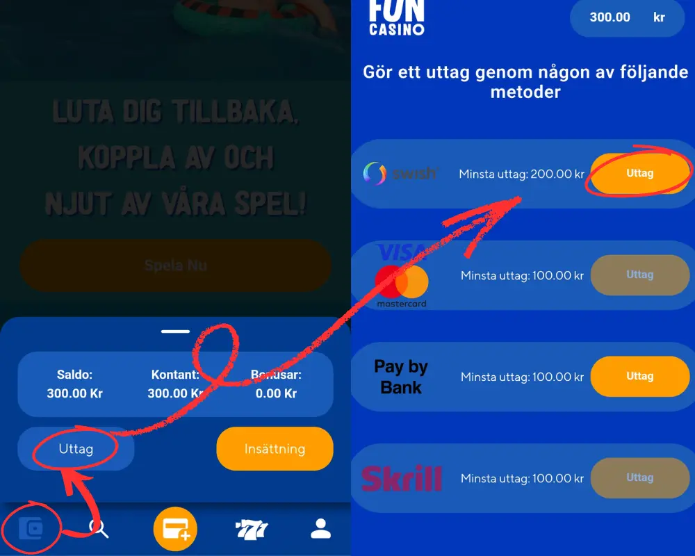 Ett uttag via Swish från Fun Casino.