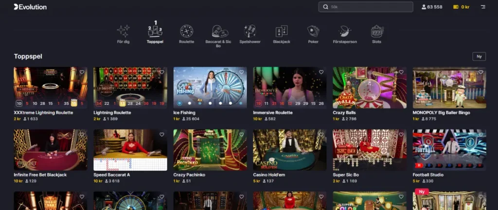 Evolutions live casinolobby hos Fun Casino