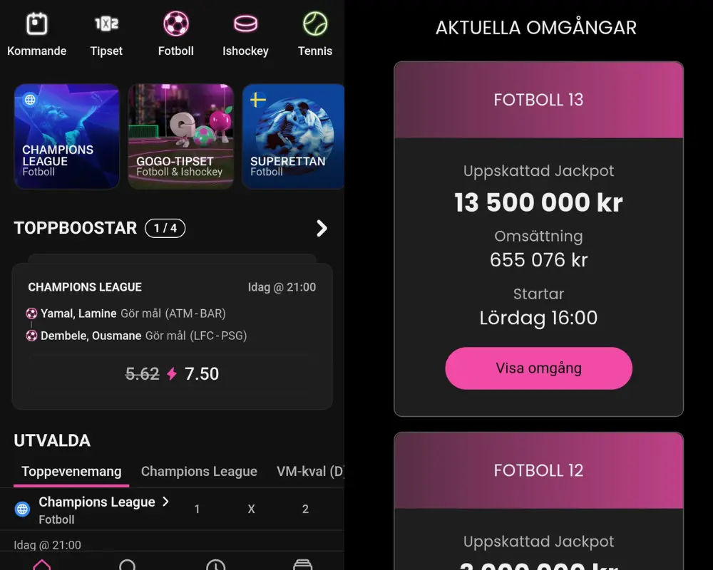 GoGoCasinos sportsbook och aktuella omgångar med jackpottar.