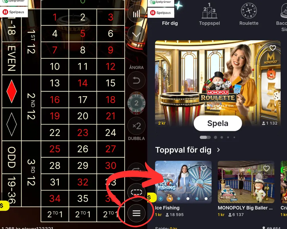 Hur du går från ett av Evolutions livespel till Evolutions lobby.