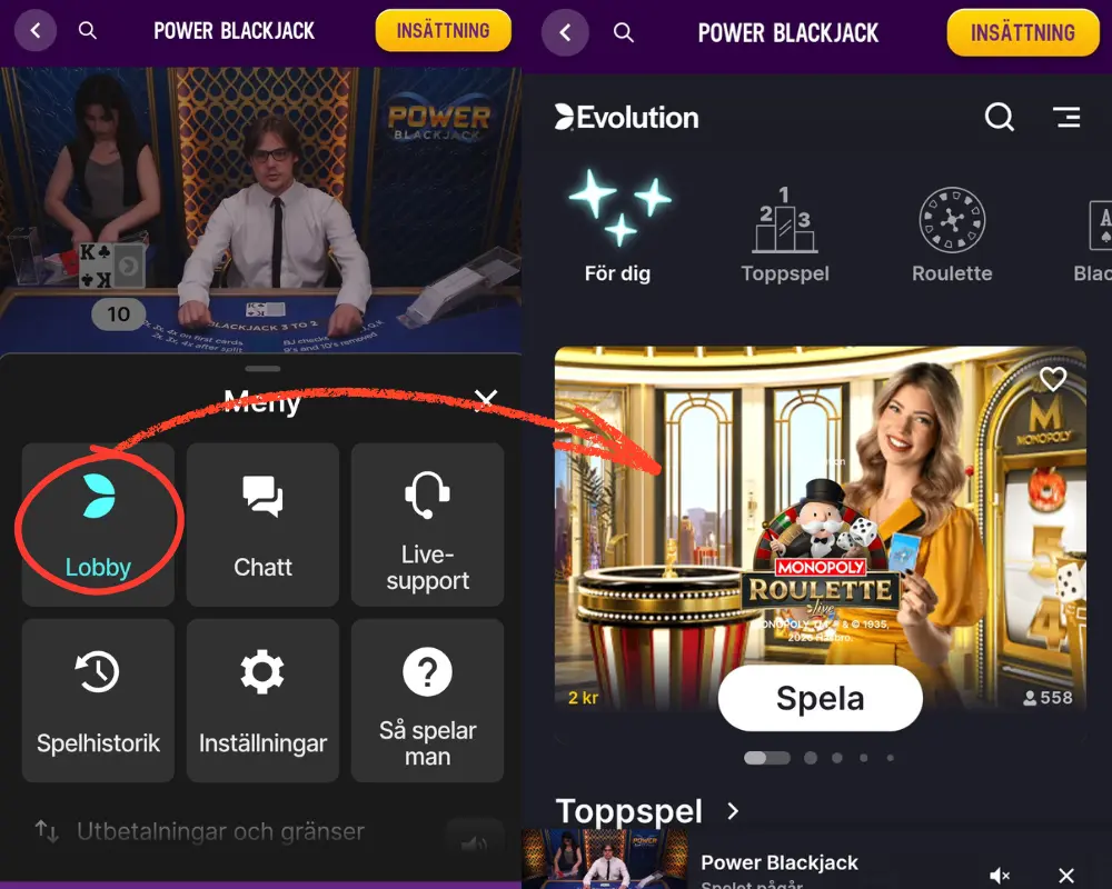 Evolutions lobby hos Lucky Casino