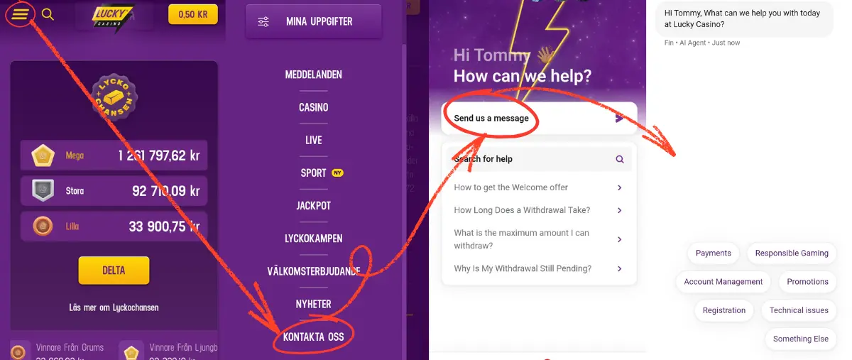 Lucky Casino: kundtjänst och livechatt