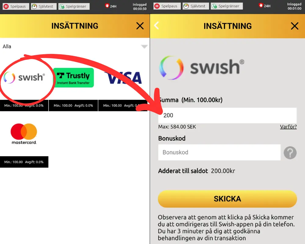 Insättning via Swish hos Metal Casino