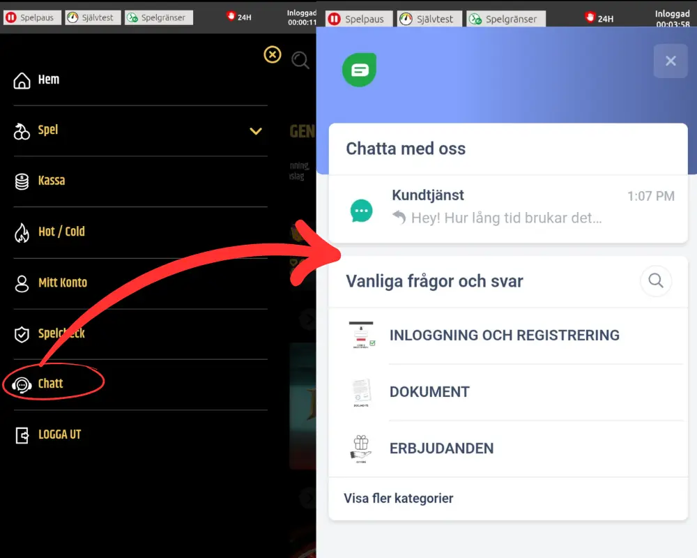 Kundtjänst och livechatt hos Metal Casino.
