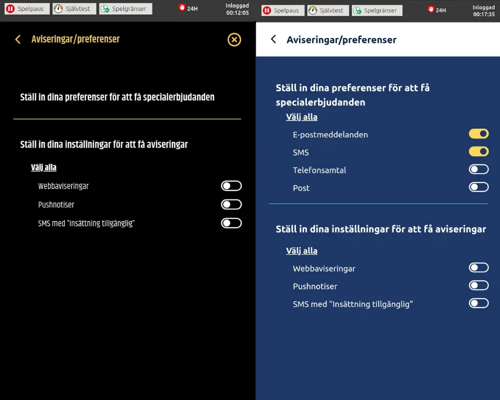 Inställningar för meddelanden och reklam hos Metal Casino.