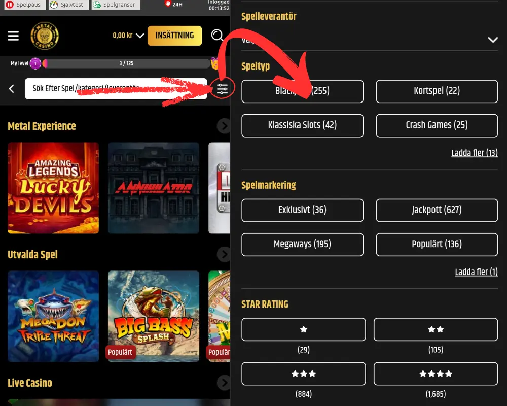 Hur du hittar sökfiltret hos Metal Casino.