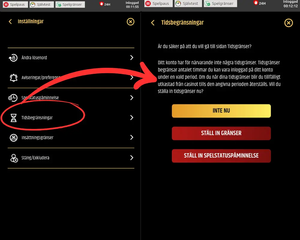 Tids- och insättningsgränser: hittas via "Inställningar" under din profil.