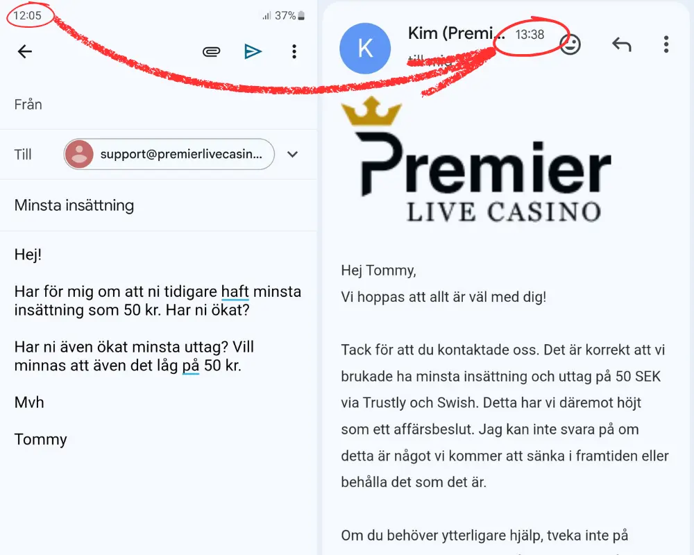 Ett av våra mejl till Premier Live Casinos kundtjänst (2026).
