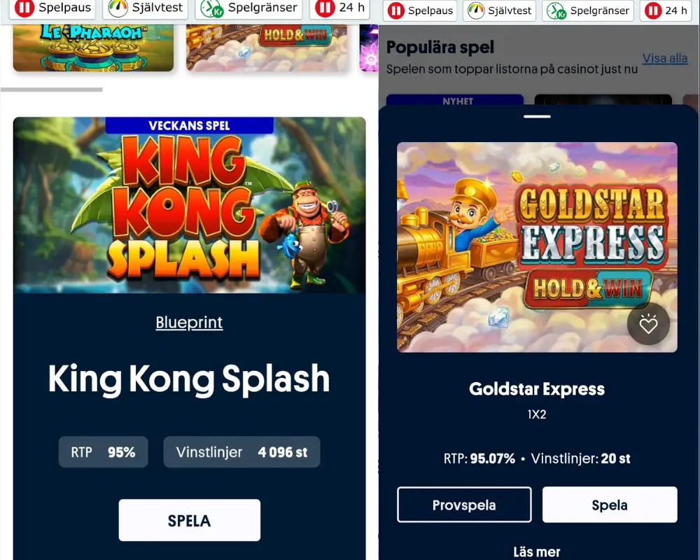 Exempel på RTP-information hos Svenska Spel