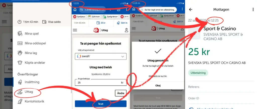 Ett uttagstest från Svenska Spel Sport & Casino via Swish som betalades ut direkt.