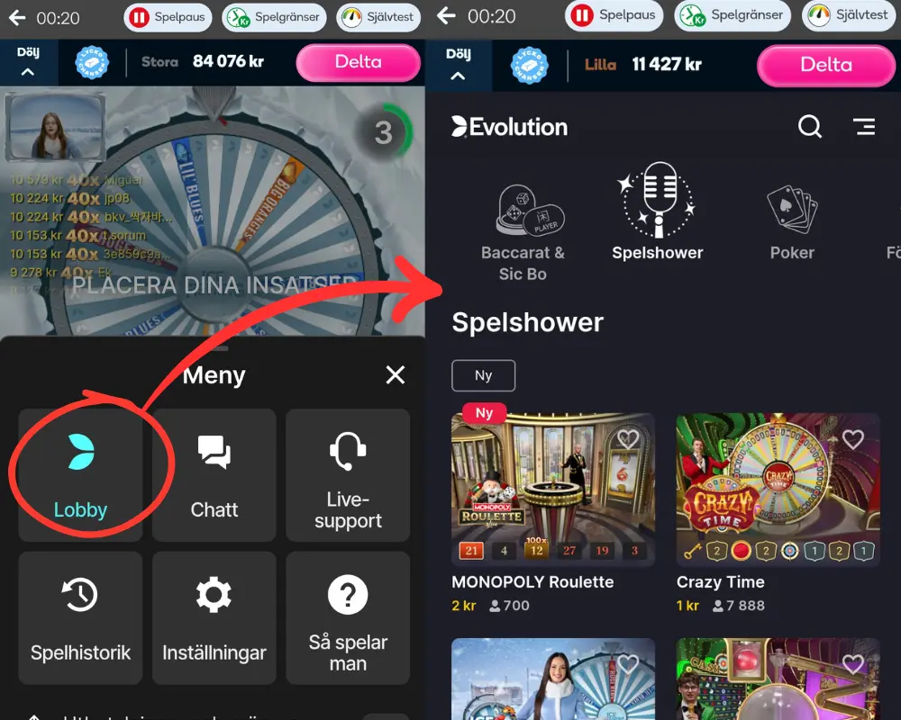 Hur du går från ett av Evolutions spel till Evolutions lobby.