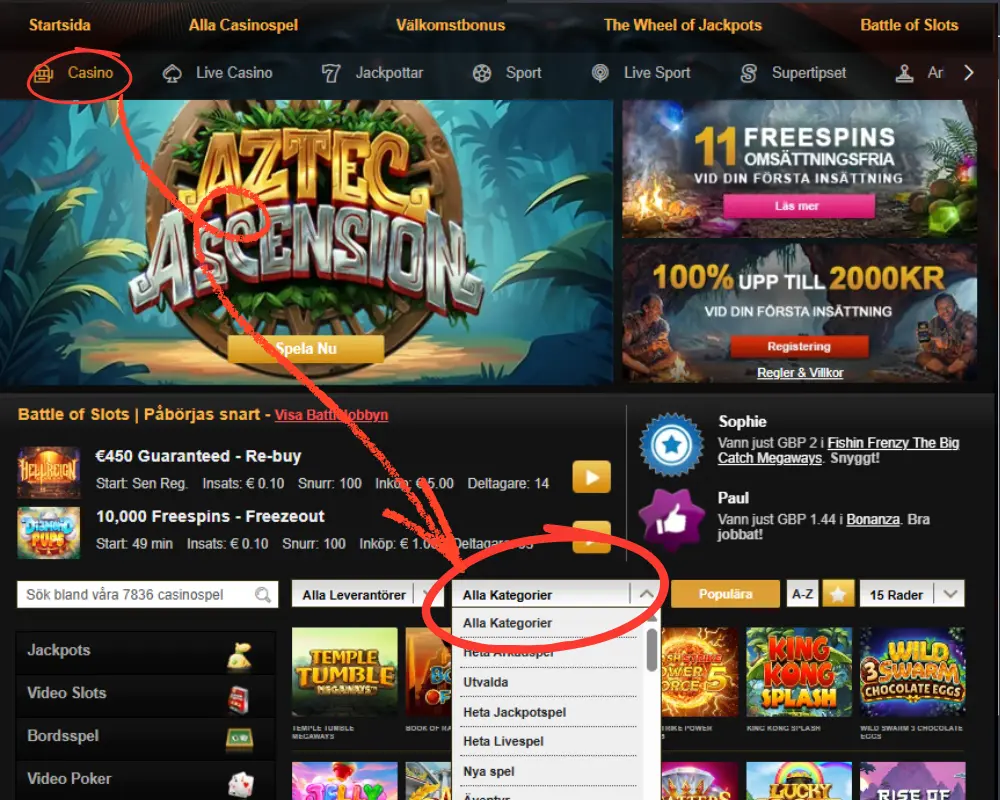 Spelkategorier hos Videoslots