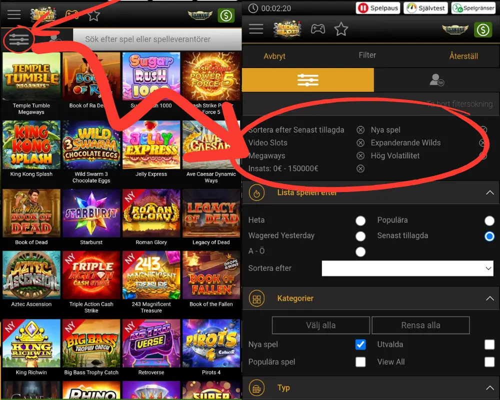 Hur du använder Videoslots sökfilter.