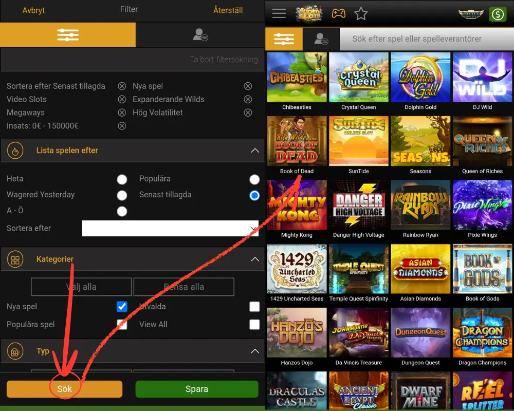 Hur det ser ut när man filtrerar efter spel hos Videoslots.