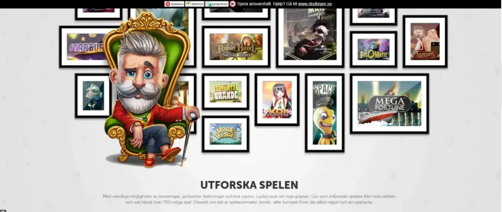 Förstasidan och casinolobbyn hos Lucky Louis