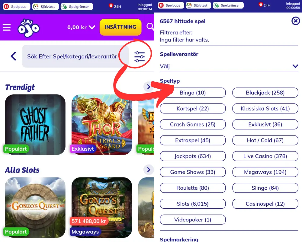 Sökfiltret hos PlayOJO.