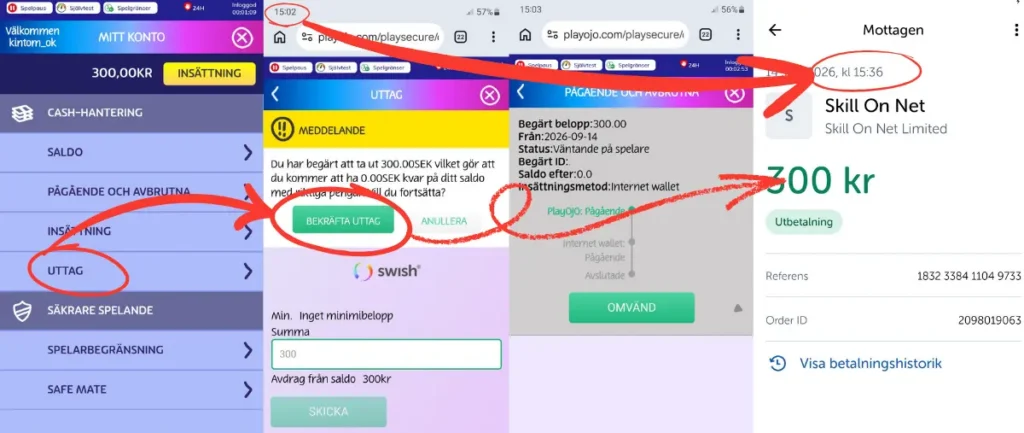 Ett uttagstest från PlayOJO via Swish (2026).