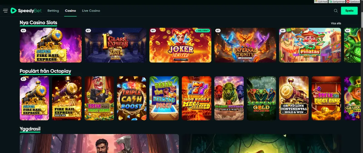 SpeedyBets casinolobby och spelutbud.