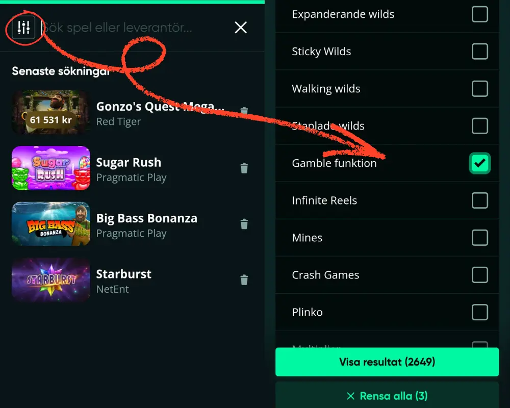 Här använder vi sökfiltret hos SpeedyBet för att hitta spel med dubbling.