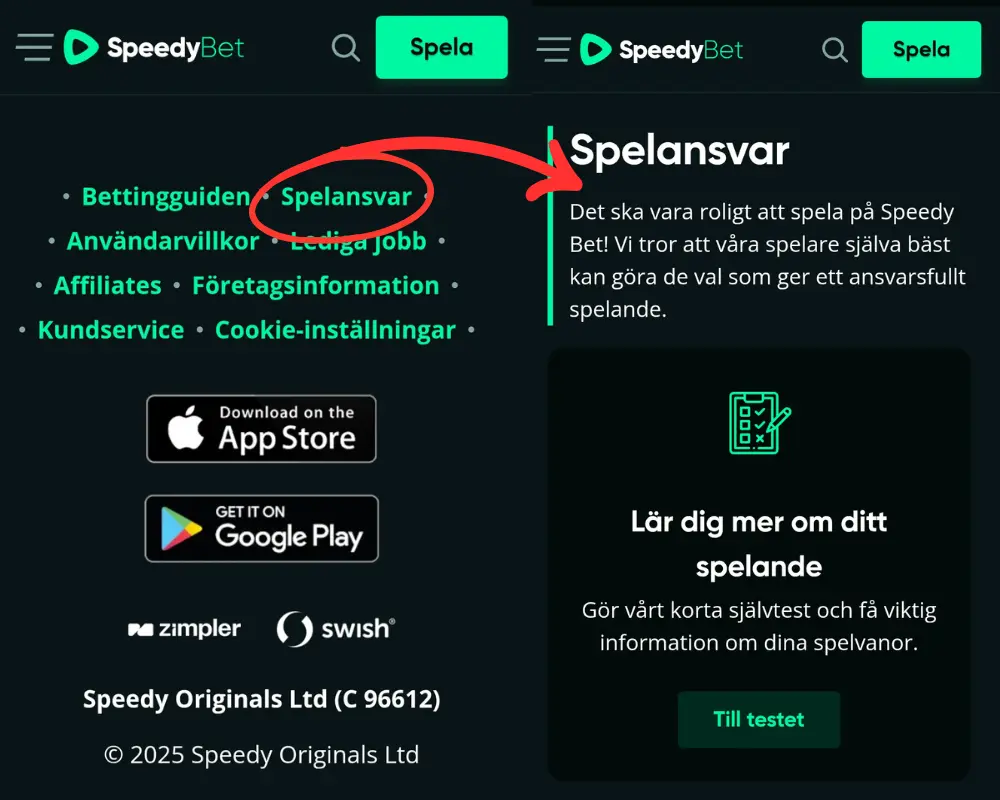 Sidan för ansvarsfullt spelande hos SpeedyBet.