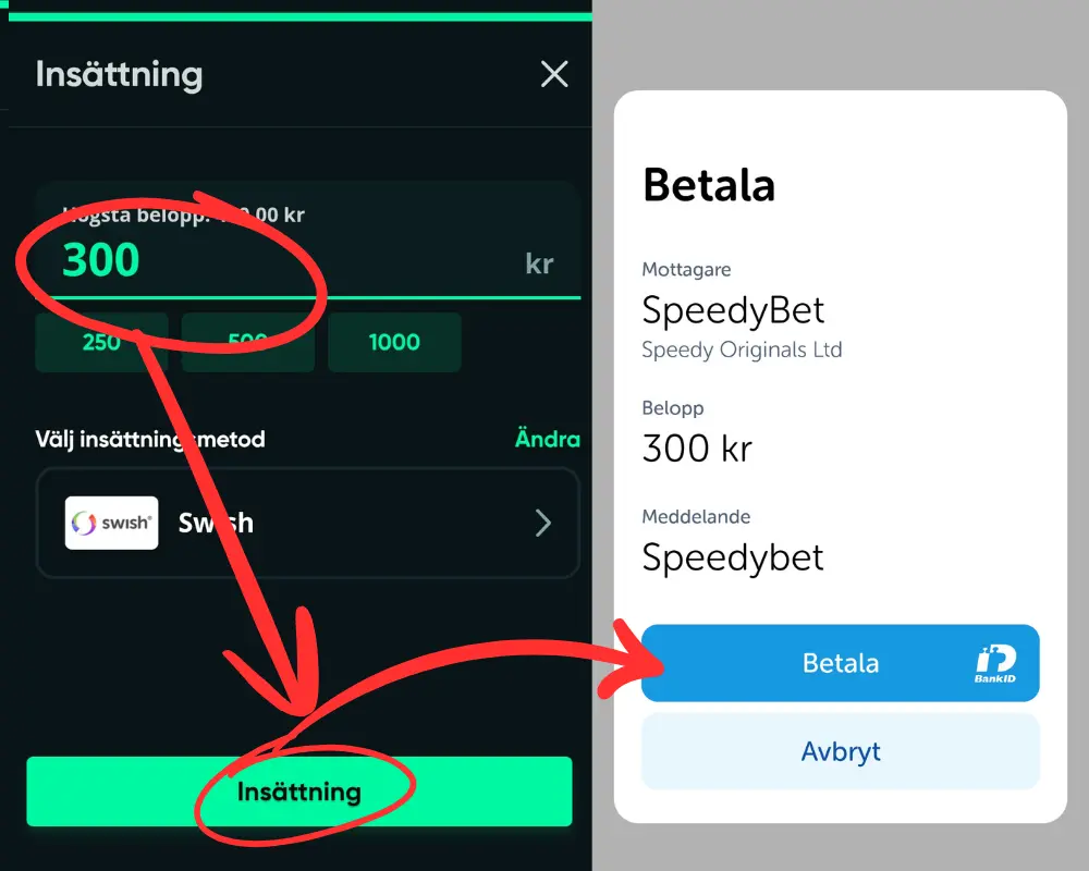 Här gör vi en insättning hos SpeedyBet via Swish.