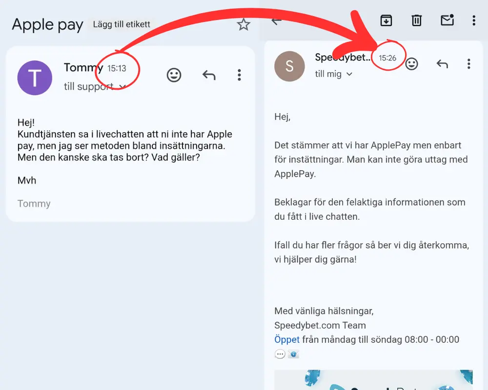Ett test av SpeedyBets kundtjänst via e-post (2026).