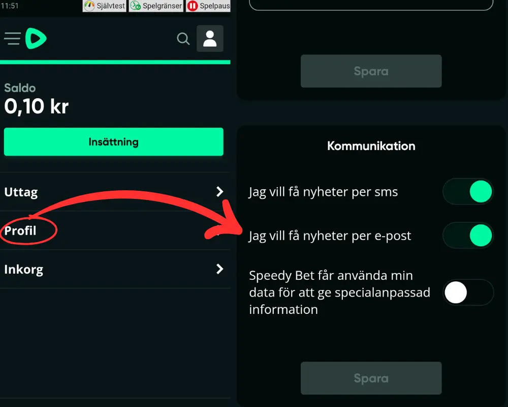 Inställningar för reklam och meddelanden från SpeedyBet.