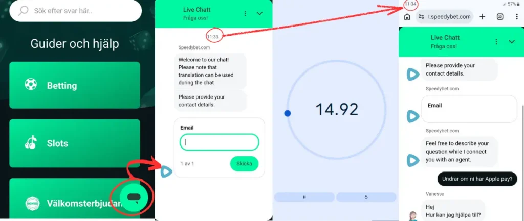 Här är ett av våra tester av livechatten hos SpeedyBet (2026).