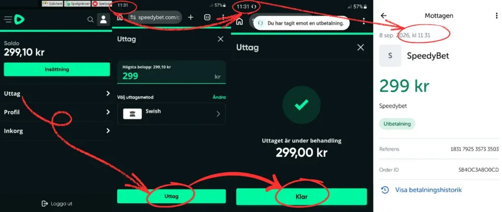 Ett uttag via Swish som betalades ut direkt från SpeedyBet.
