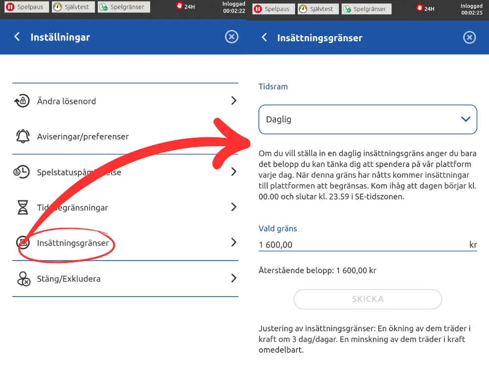 Tids- och insättningsgränser: hittas via "Inställningar" under din profil.