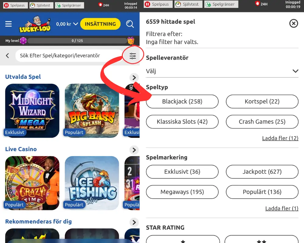 Sökfiltret hos Lucky Louis.