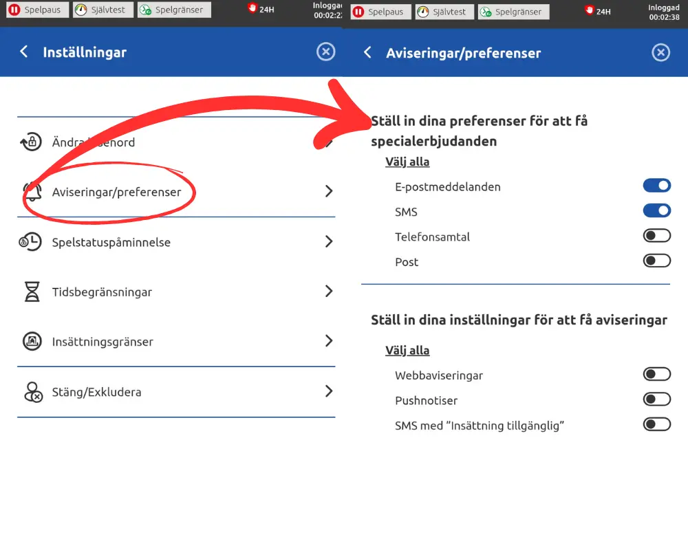 Inställningar för meddelanden och reklam hos Lucky Louis.