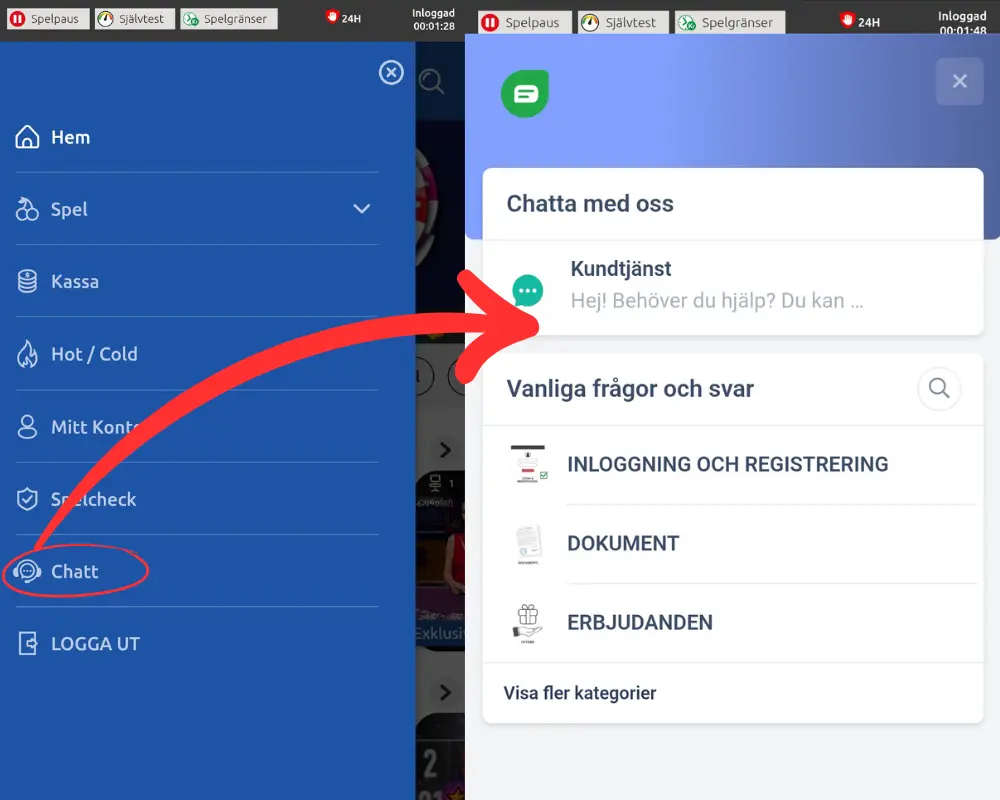 Vart du hittar livechatten hos Lucky Louis.