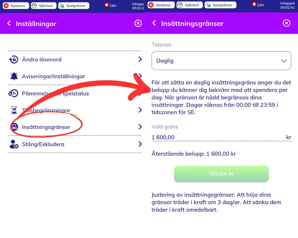 Tids- och insättningsgränser: hittas via "Inställningar" under din profil.