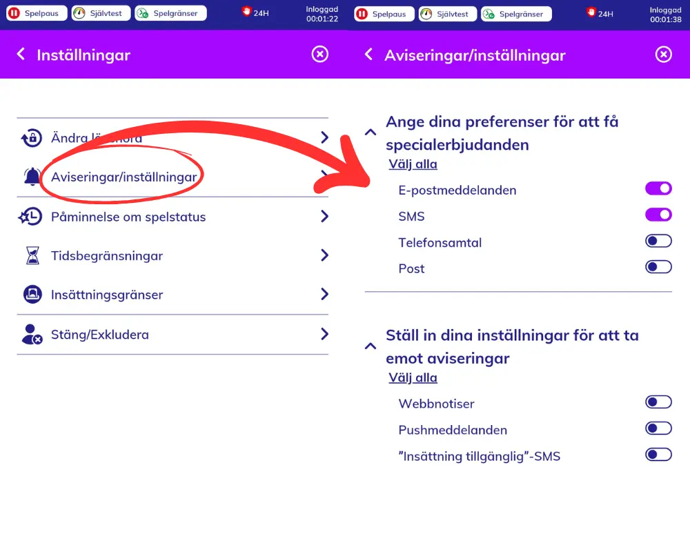 Inställningar för meddelanden och reklam hos PlayOJO.