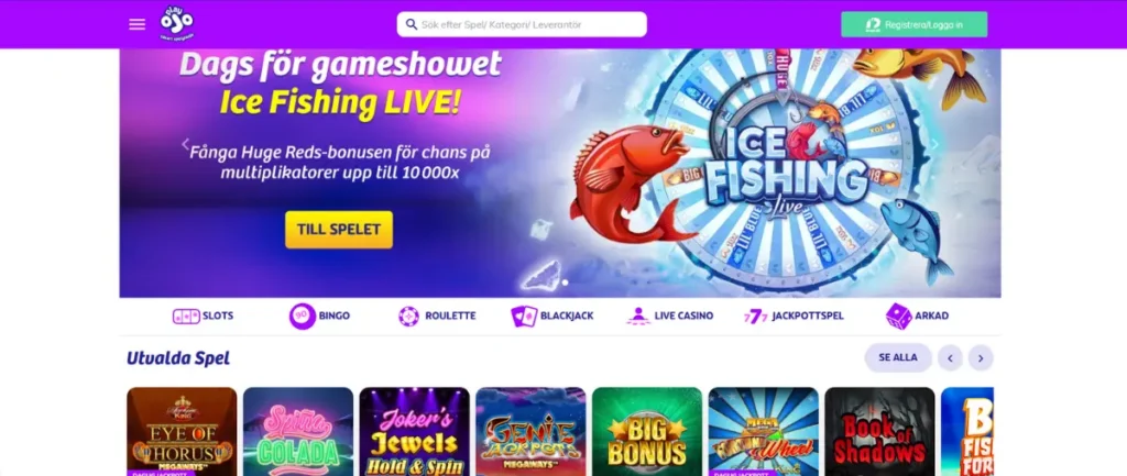 Förstasidan och casinolobbyn hos PlayOJO.