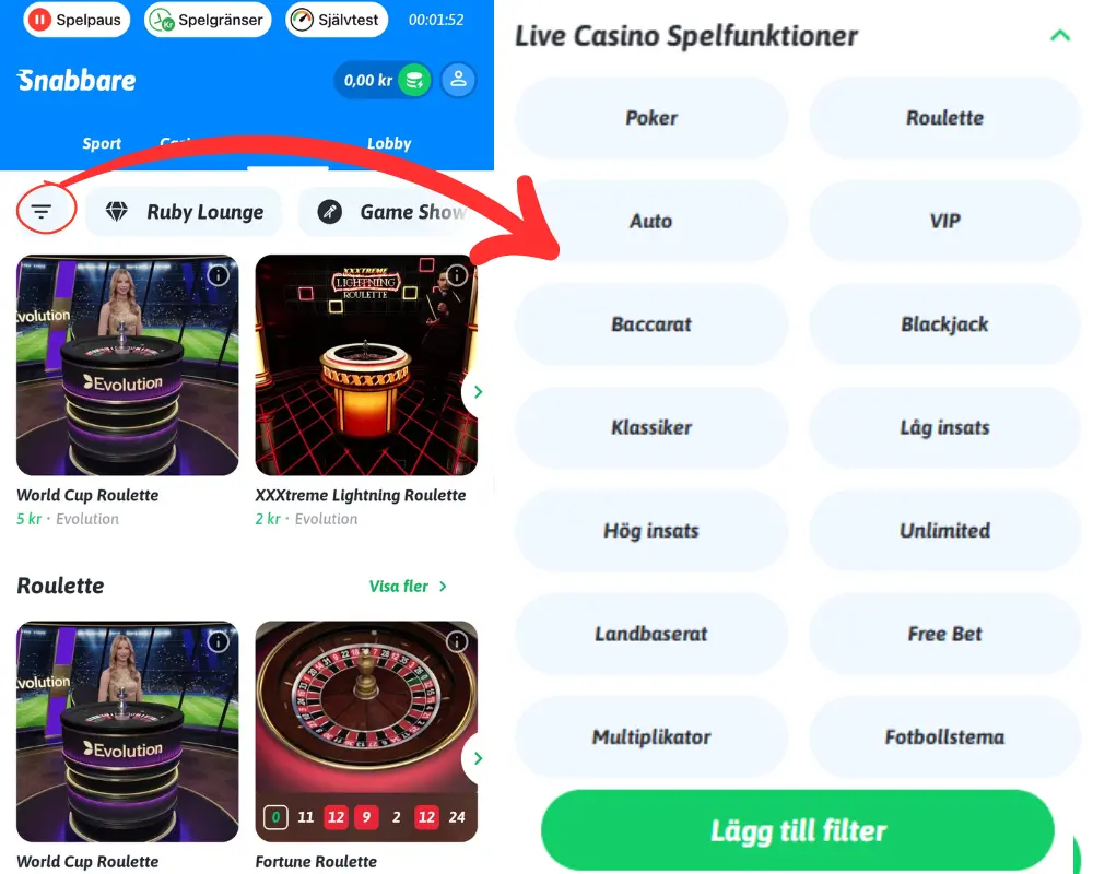 Snabbare live casino: sökfilter