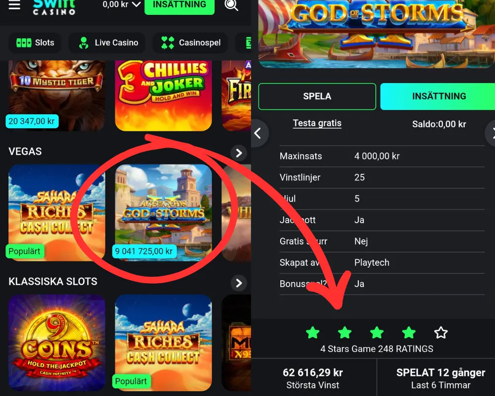 Betyg och betygsättning av spel hos Swift Casino.