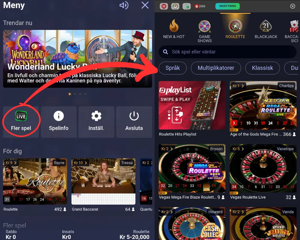 Här går vi från ett av Playtechs livestreamade Las Vegas-spel till Playtechs lobby.