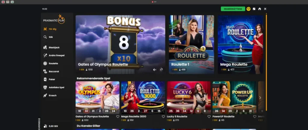 Pragmatic Plays livespelslobby hos Swift Casino.