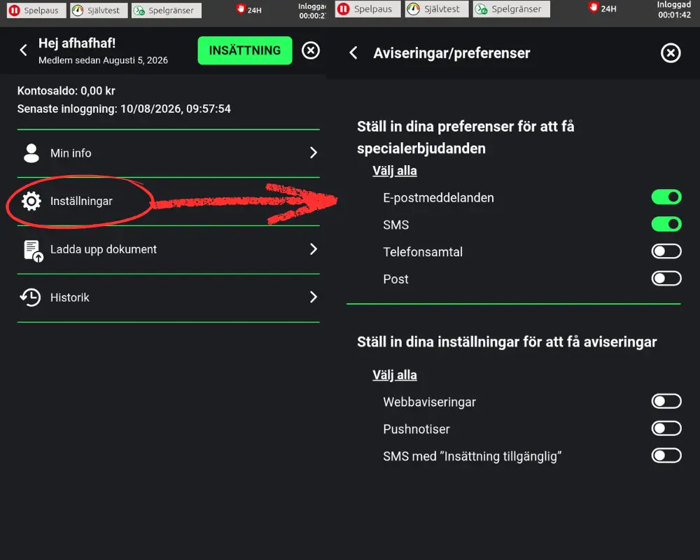 Inställningar för reklam och meddelanden från Swift Casino.