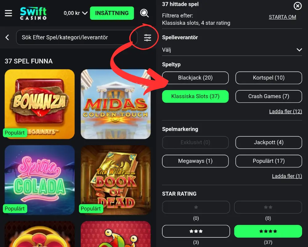 Sökfiltret hos Swift Casino.