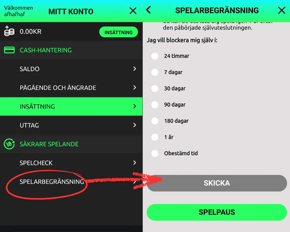 Spelarbegränsningar: pausa dina konton hos SkillOnNet.