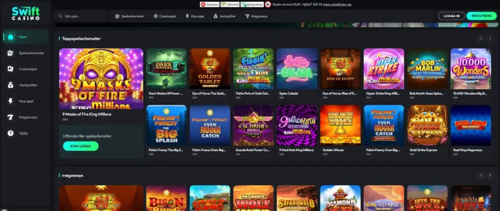Förstasidan hos Swift Casino.