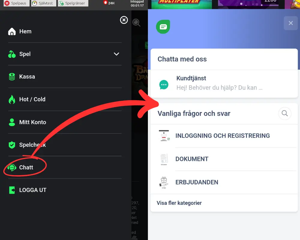 Livechatt och support hos Swift Casino